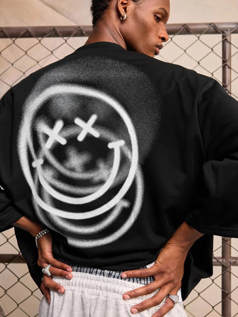 ROMWE MEN S.W.Smiley X ROMWE 2026 Spring/Summer New Smiling Face IP Pattern Men's 3/4 Sleeve Top, Unisex Couple Style Women's Casual Fashion Streetwear Crew Neck Top