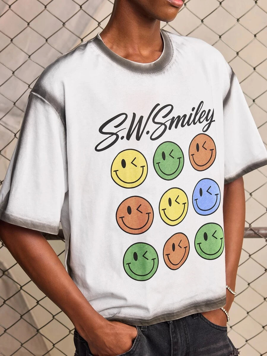 ROMWE MEN S.W.Smiley X ROMWE Men's Collaboration Hand-Painted Print Loose Drop Shoulder T-Shirt