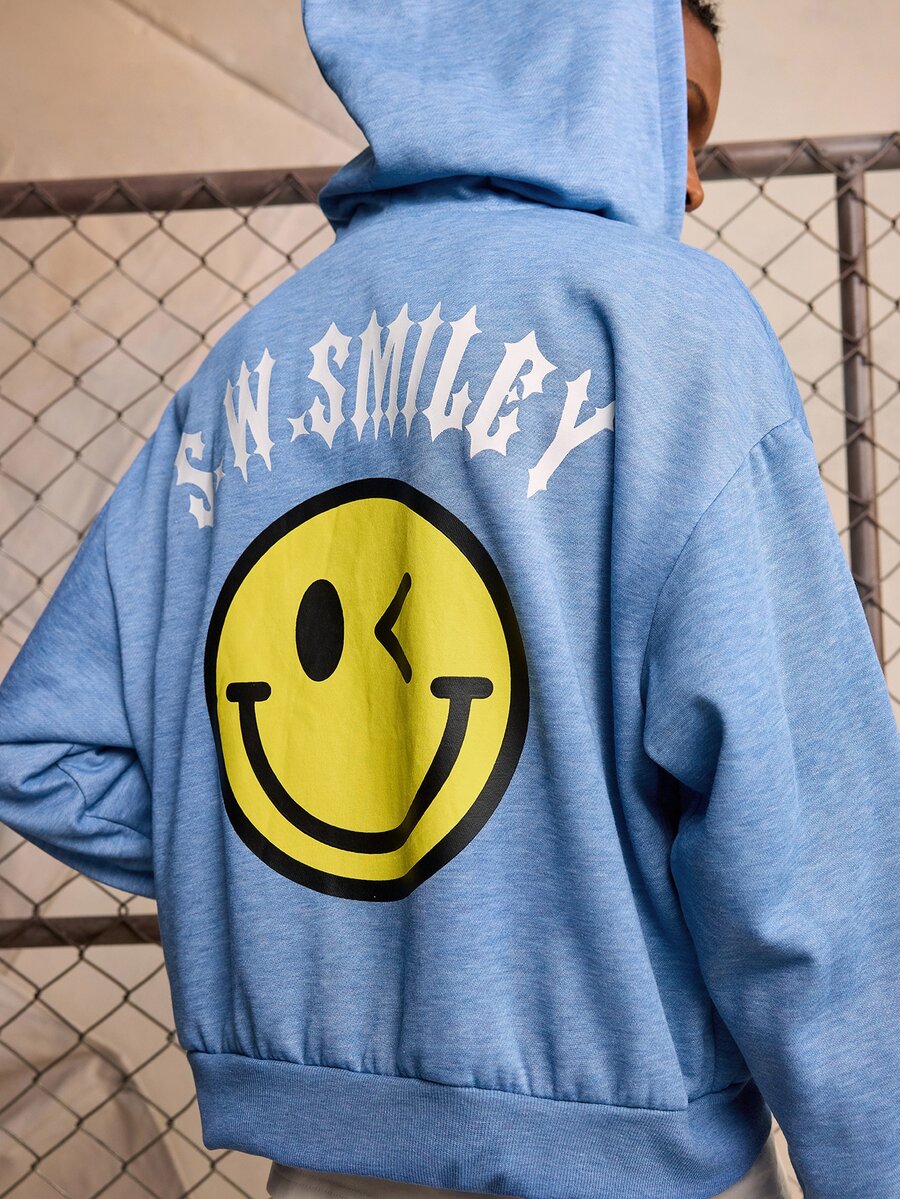 ROMWE MEN S.W.Smiley X ROMWE Men's Smiling Face Hooded Loose Fit Sweatshirt
