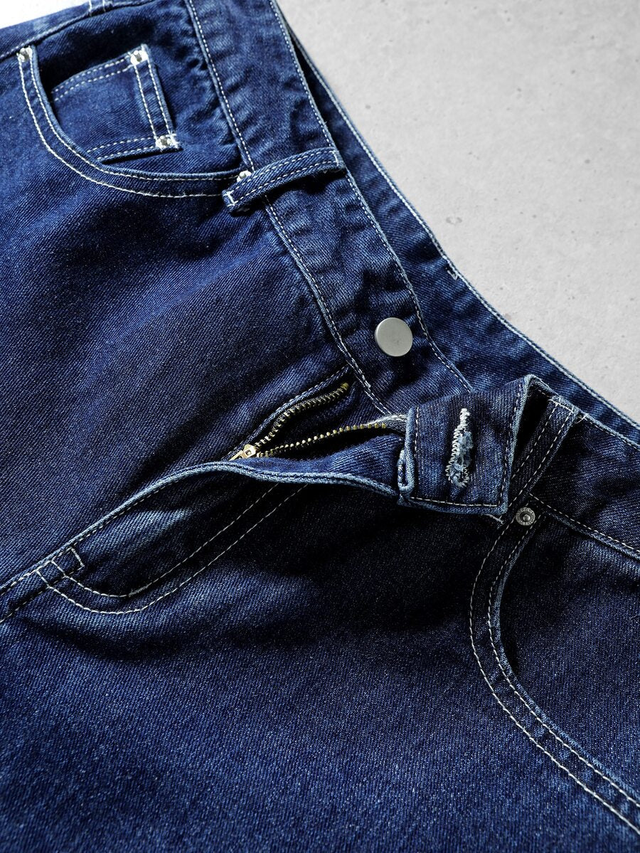 ROMWE MEN S.W.Smiley X ROMWE Men's Letter Pattern Pocket Frayed Hem Loose Casual Denim Jeans