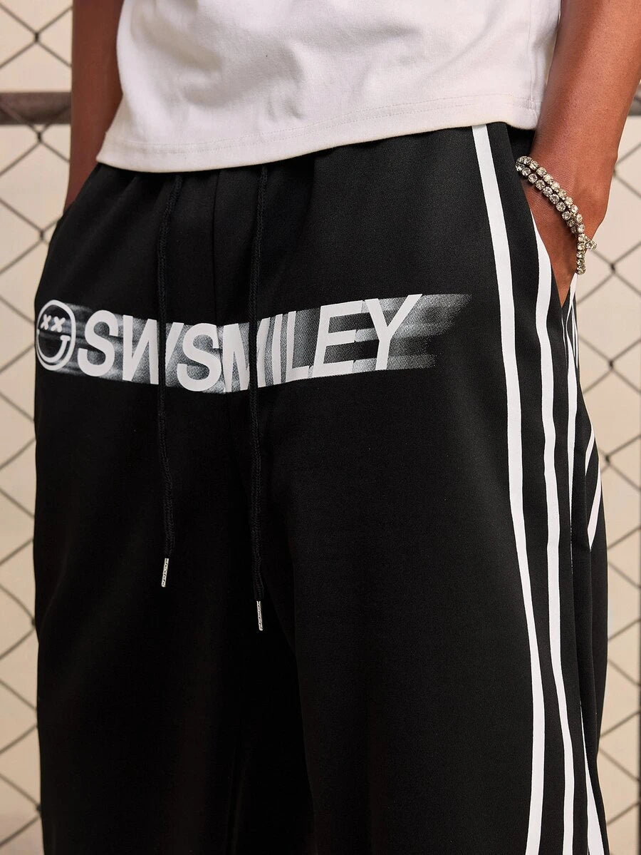 ROMWE MEN S.W.Smiley X ROMWE Men's Autumn/Winter Striped Drawstring Waist Casual Loose Sweatpants