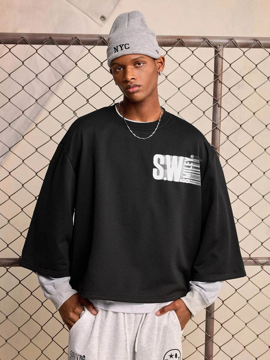 ROMWE MEN S.W.Smiley X ROMWE 2026 Spring/Summer New Smiling Face IP Pattern Men's 3/4 Sleeve Top, Unisex Couple Style Women's Casual Fashion Streetwear Crew Neck Top