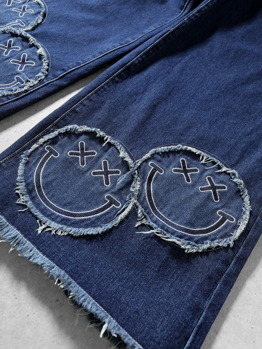 ROMWE MEN S.W.Smiley X ROMWE Men's Letter Pattern Pocket Frayed Hem Loose Casual Denim Jeans