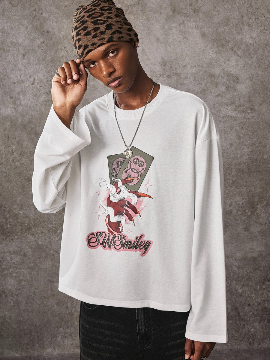 ROMWE MEN S.W.Smiley X ROMWE Men's Casual Printed Co-Branded Long Sleeve Crew Neck T-Shirt