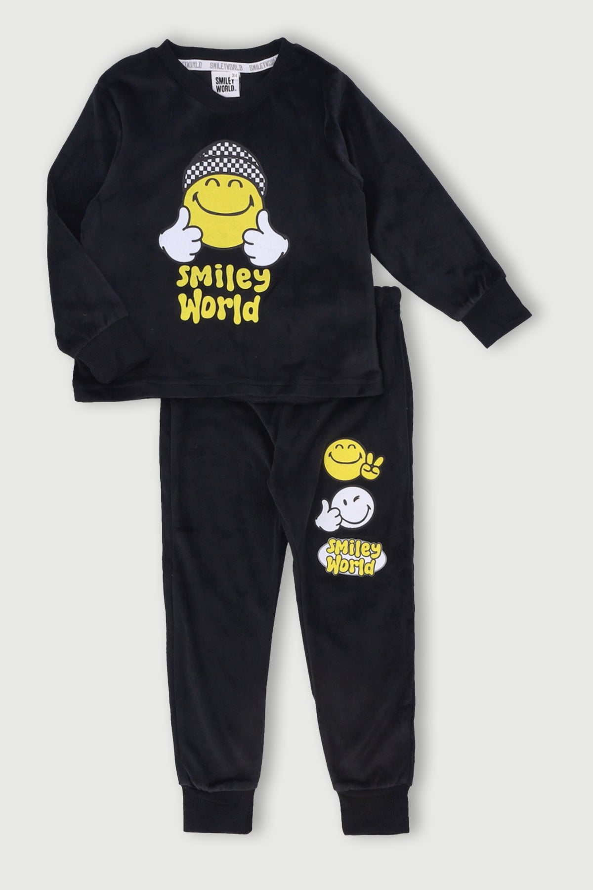 Pre-Boys Smiley Long Velour Sleep Set - Black