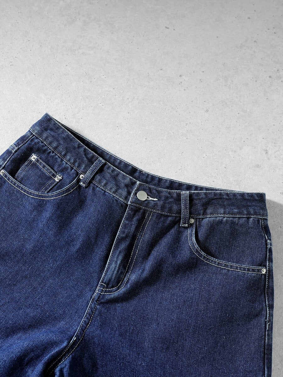 ROMWE MEN S.W.Smiley X ROMWE Men's Letter Pattern Pocket Frayed Hem Loose Casual Denim Jeans