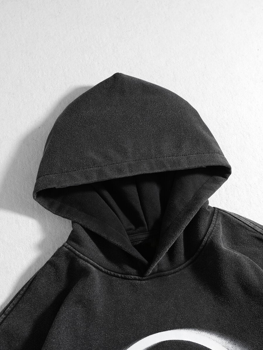 ROMWE MEN S.W.Smiley X ROMWE S.W. Collaboration Street Wash Co-Branded Print Hoodie