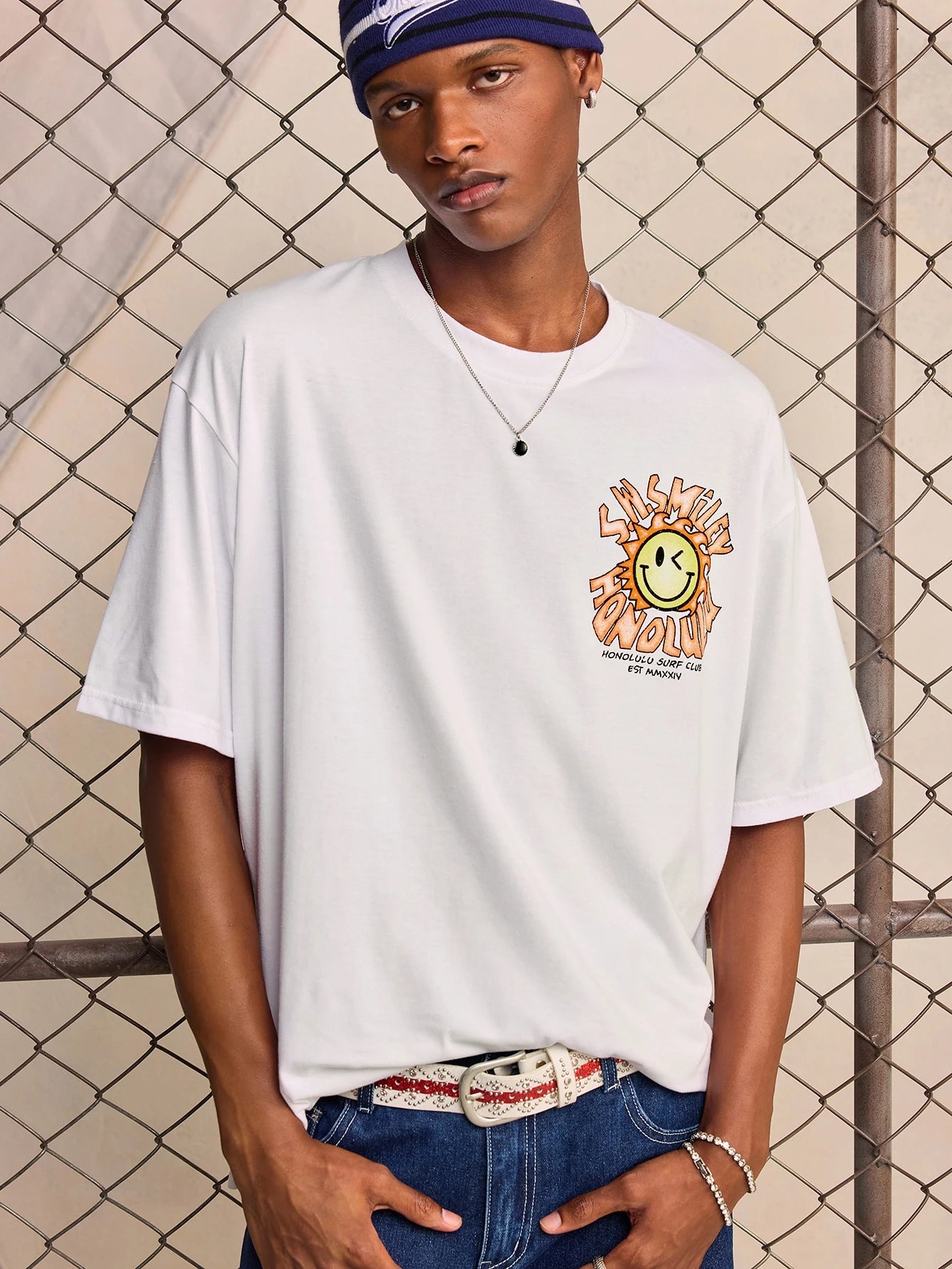 ROMWE MEN S.W.Smiley X ROMWE 2026 Summer New Men's T-Shirt IP Style Fashion Casual Graphic Print Unisex Couple Streetwear Short Sleeve Crew Neck Top