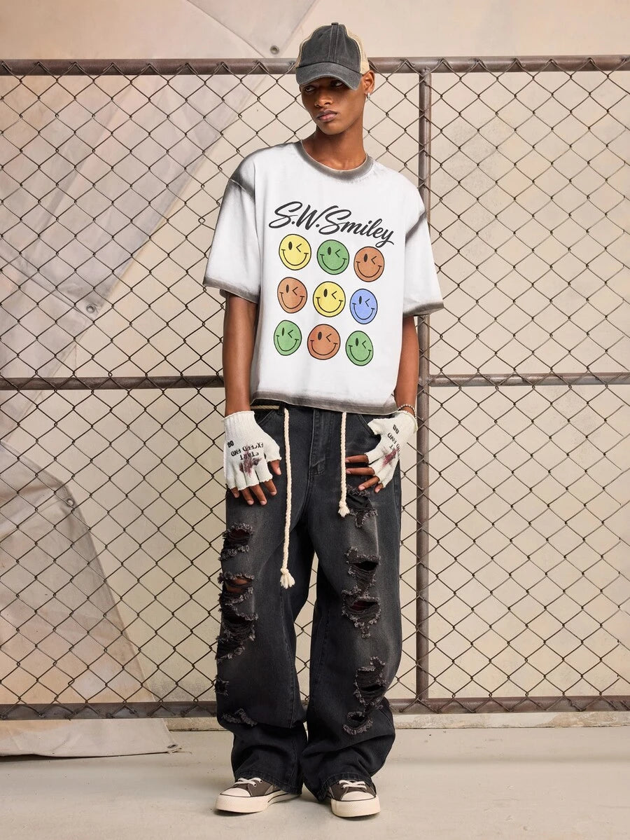 ROMWE MEN S.W.Smiley X ROMWE Men's Collaboration Hand-Painted Print Loose Drop Shoulder T-Shirt