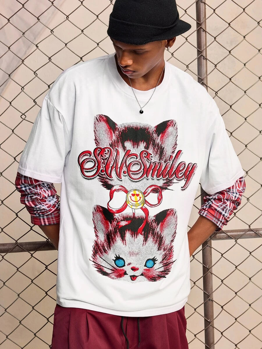 ROMWE MEN S.W.Smiley X ROMWE Men's Anime Print Short Sleeve T-Shirt, Suitable For Spring And Summer