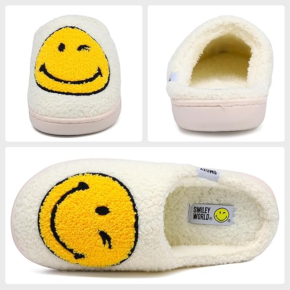 SMILEYWORLD® Womens Mens Smiley Face Slippers丨Comfy Warm Plush Slip On House Shoes丨Retro Funny Happy Smile Soft Memory Foam Slipper Indoor Outdoor