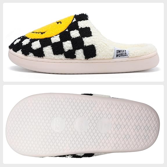 SMILEYWORLD® Womens Mens Smiley Face Slippers丨Comfy Warm Plush Slip On House Shoes丨Retro Funny Happy Smile Soft Memory Foam Slipper Indoor Outdoor