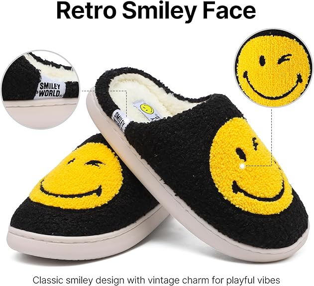SMILEYWORLD® Kids Slippers丨Boys Girls Smiley Face House Slippers丨Winter Warm Soft Plush Indoor Outdoor Memory Foam Fuzzy Flat Slides丨Comfy Slip-on Shoes