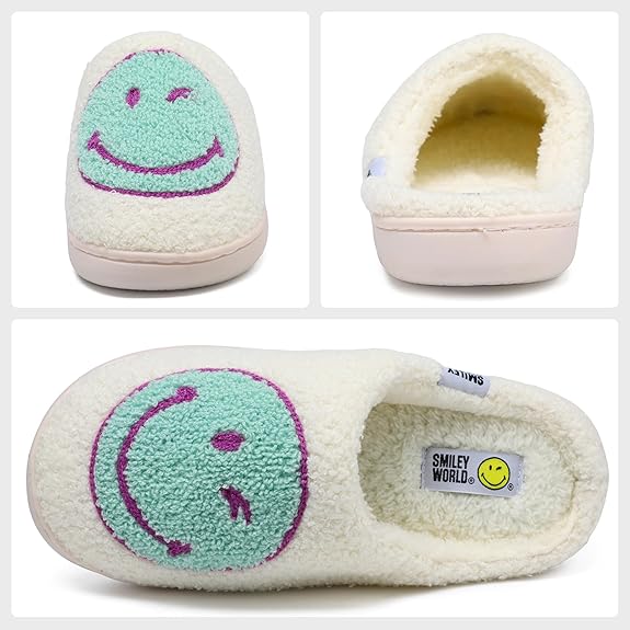 SMILEYWORLD® Womens Mens Smiley Face Slippers丨Comfy Warm Plush Slip On House Shoes丨Retro Funny Happy Smile Soft Memory Foam Slipper Indoor Outdoor
