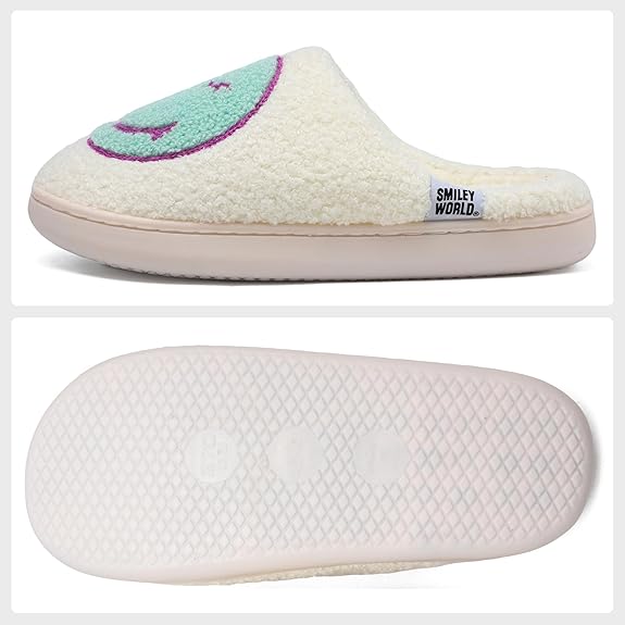 SMILEYWORLD® Womens Mens Smiley Face Slippers丨Comfy Warm Plush Slip On House Shoes丨Retro Funny Happy Smile Soft Memory Foam Slipper Indoor Outdoor
