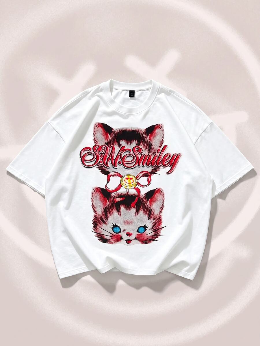 ROMWE MEN S.W.Smiley X ROMWE Men's Anime Print Short Sleeve T-Shirt, Suitable For Spring And Summer