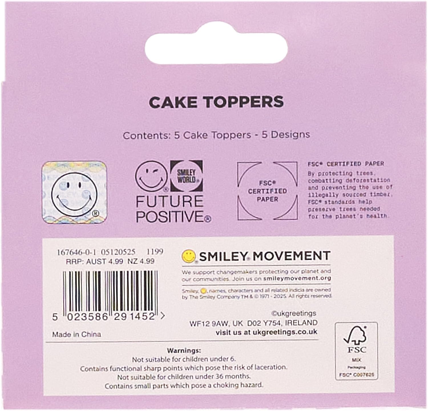 UK Greetings | Multipack of 5 Cake Toppers | for Birthdays, Party's & Celebrations | Men, Women | 5 Smiley World Designs