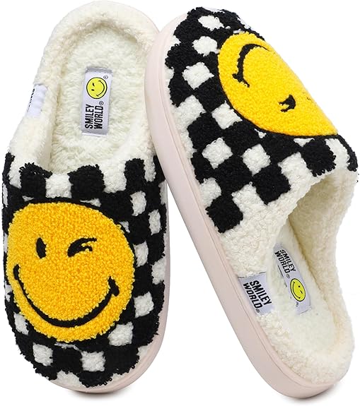 SMILEYWORLD® Womens Mens Smiley Face Slippers丨Comfy Warm Plush Slip On House Shoes丨Retro Funny Happy Smile Soft Memory Foam Slipper Indoor Outdoor