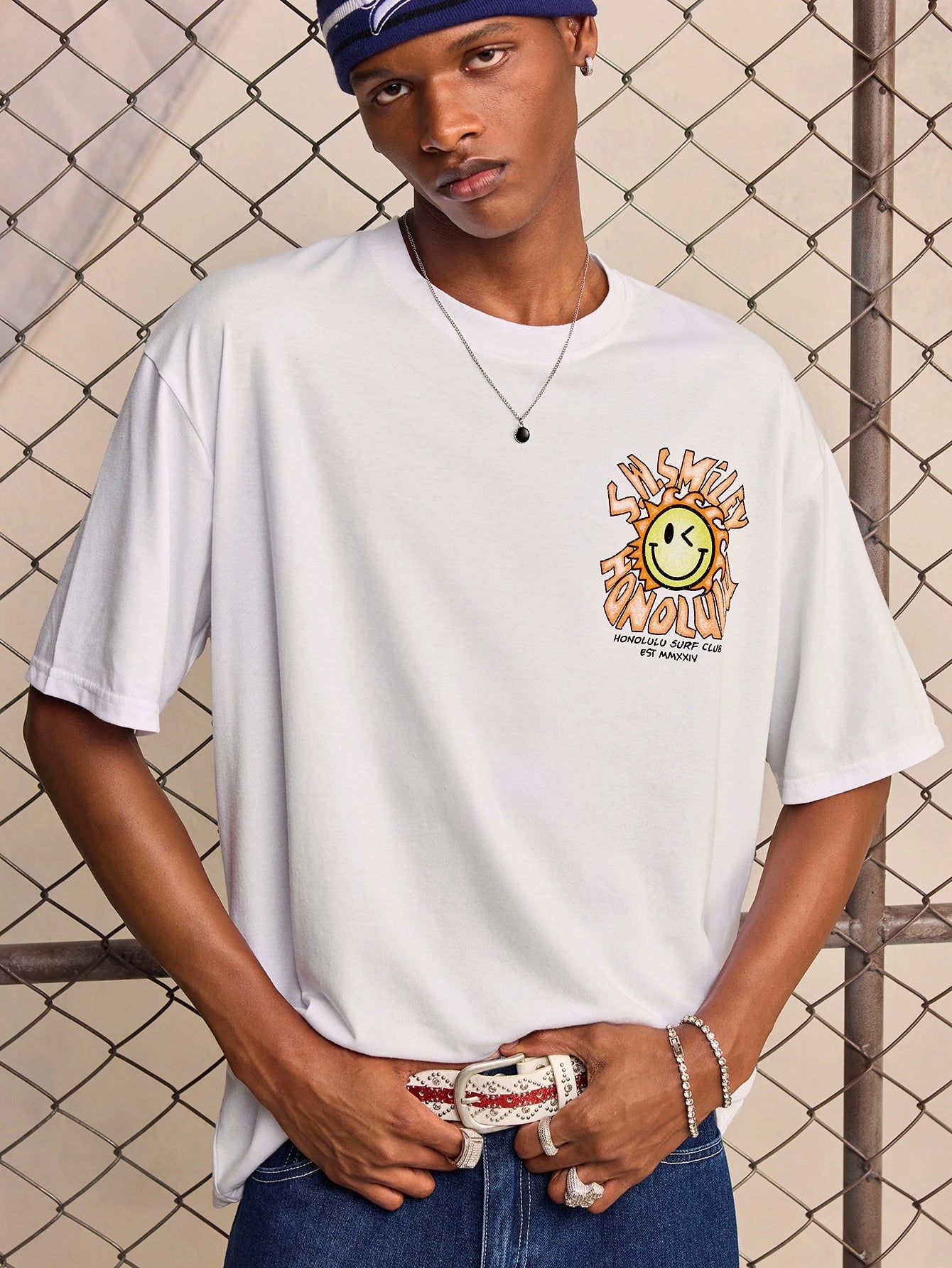 ROMWE MEN S.W.Smiley X ROMWE 2026 Summer New Men's T-Shirt IP Style Fashion Casual Graphic Print Unisex Couple Streetwear Short Sleeve Crew Neck Top