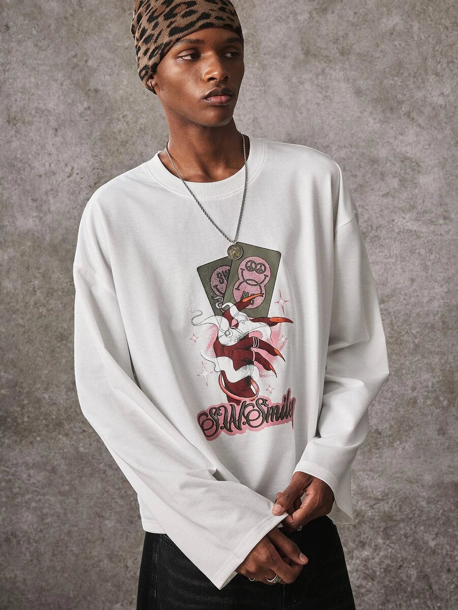 ROMWE MEN S.W.Smiley X ROMWE Men's Casual Printed Co-Branded Long Sleeve Crew Neck T-Shirt