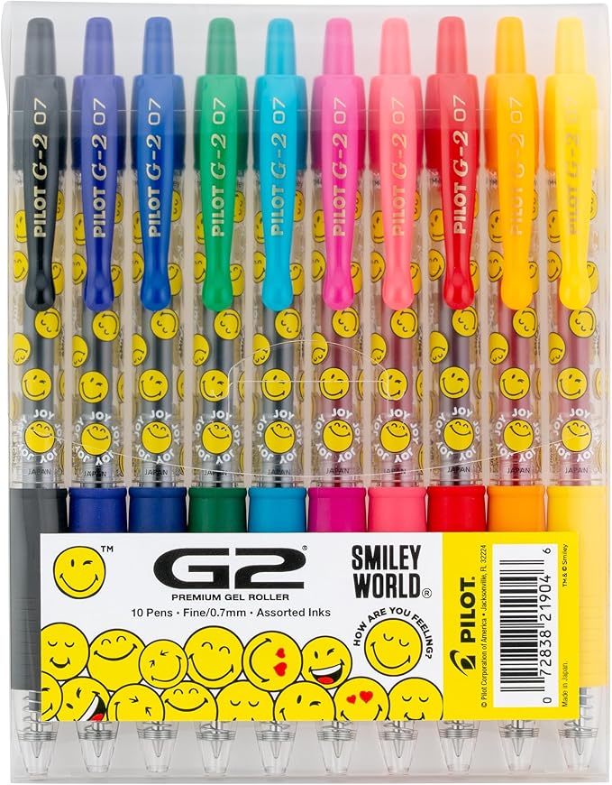 PILOT, G2 Premium Gel Roller Pens, G2 x SmileyWorld® Collection, Write Happier, 10 Pack Pouch, Fine Point 0.7 mm, Assorted