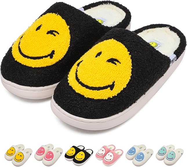 SMILEYWORLD® Kids Slippers丨Boys Girls Smiley Face House Slippers丨Winter Warm Soft Plush Indoor Outdoor Memory Foam Fuzzy Flat Slides丨Comfy Slip-on Shoes