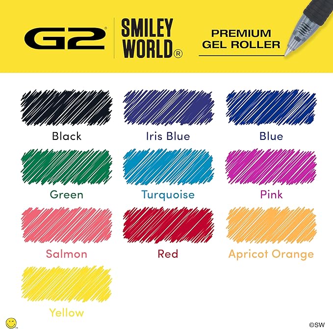 PILOT, G2 Premium Gel Roller Pens, G2 x SmileyWorld® Collection, Write Happier, 10 Pack Pouch, Fine Point 0.7 mm, Assorted