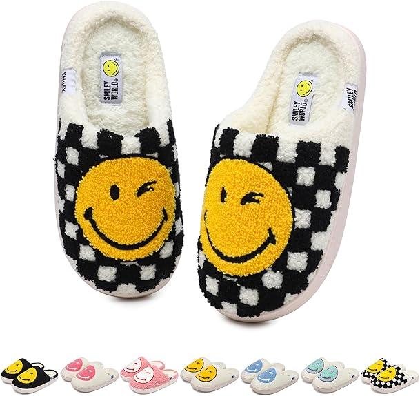 SMILEYWORLD® Womens Mens Smiley Face Slippers丨Comfy Warm Plush Slip On House Shoes丨Retro Funny Happy Smile Soft Memory Foam Slipper Indoor Outdoor
