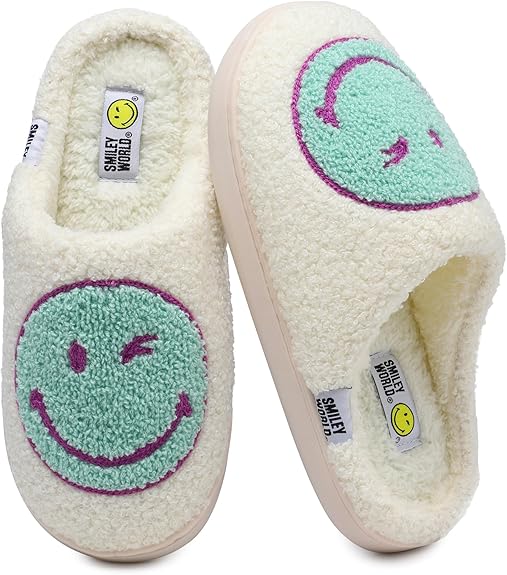 SMILEYWORLD® Womens Mens Smiley Face Slippers丨Comfy Warm Plush Slip On House Shoes丨Retro Funny Happy Smile Soft Memory Foam Slipper Indoor Outdoor