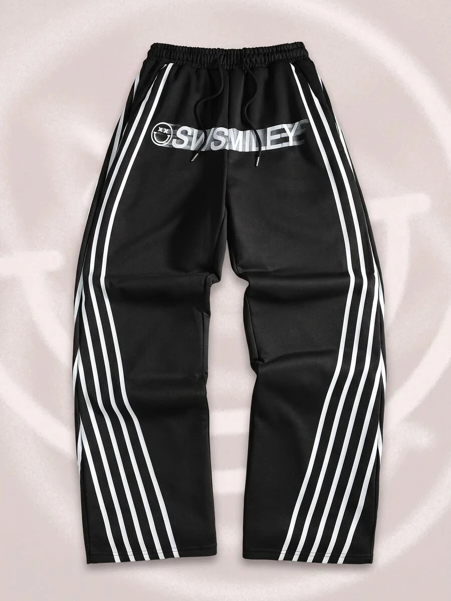 ROMWE MEN S.W.Smiley X ROMWE Men's Autumn/Winter Striped Drawstring Waist Casual Loose Sweatpants