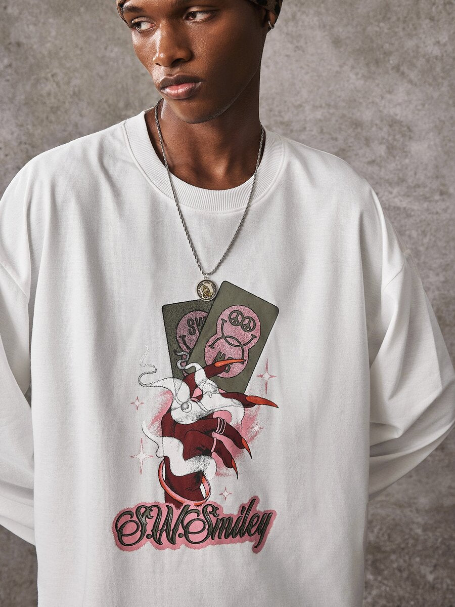 ROMWE MEN S.W.Smiley X ROMWE Men's Casual Printed Co-Branded Long Sleeve Crew Neck T-Shirt