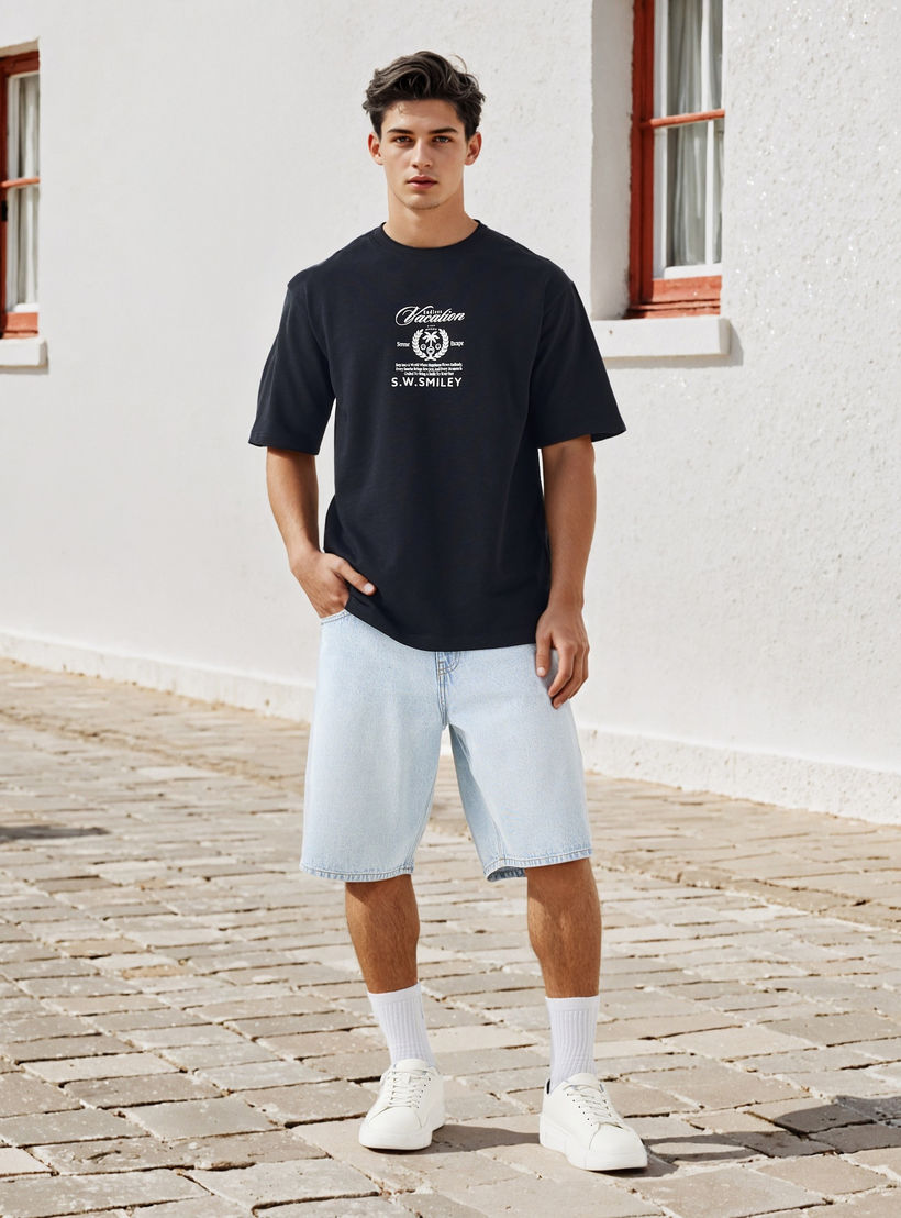 S.W.SMILEY Men Relaxed Fit Crew Neck Short Sleeves T-shirt