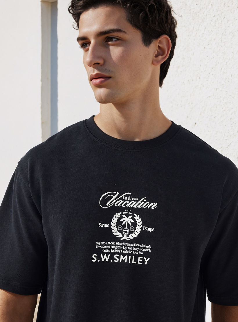 S.W.SMILEY Men Relaxed Fit Crew Neck Short Sleeves T-shirt