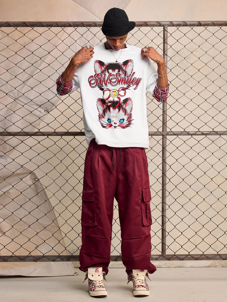 ROMWE MEN S.W.Smiley X ROMWE Men's Anime Print Short Sleeve T-Shirt, Suitable For Spring And Summer