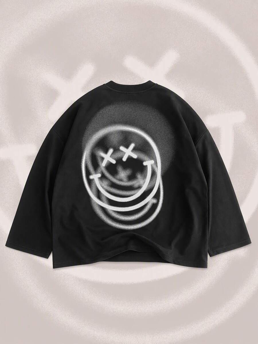ROMWE MEN S.W.Smiley X ROMWE 2026 Spring/Summer New Smiling Face IP Pattern Men's 3/4 Sleeve Top, Unisex Couple Style Women's Casual Fashion Streetwear Crew Neck Top