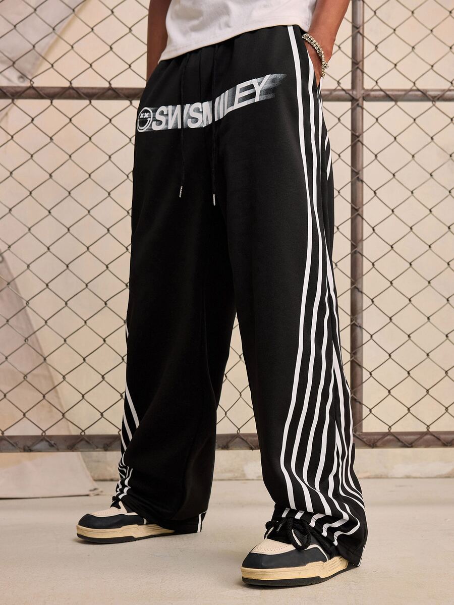 ROMWE MEN S.W.Smiley X ROMWE Men's Autumn/Winter Striped Drawstring Waist Casual Loose Sweatpants