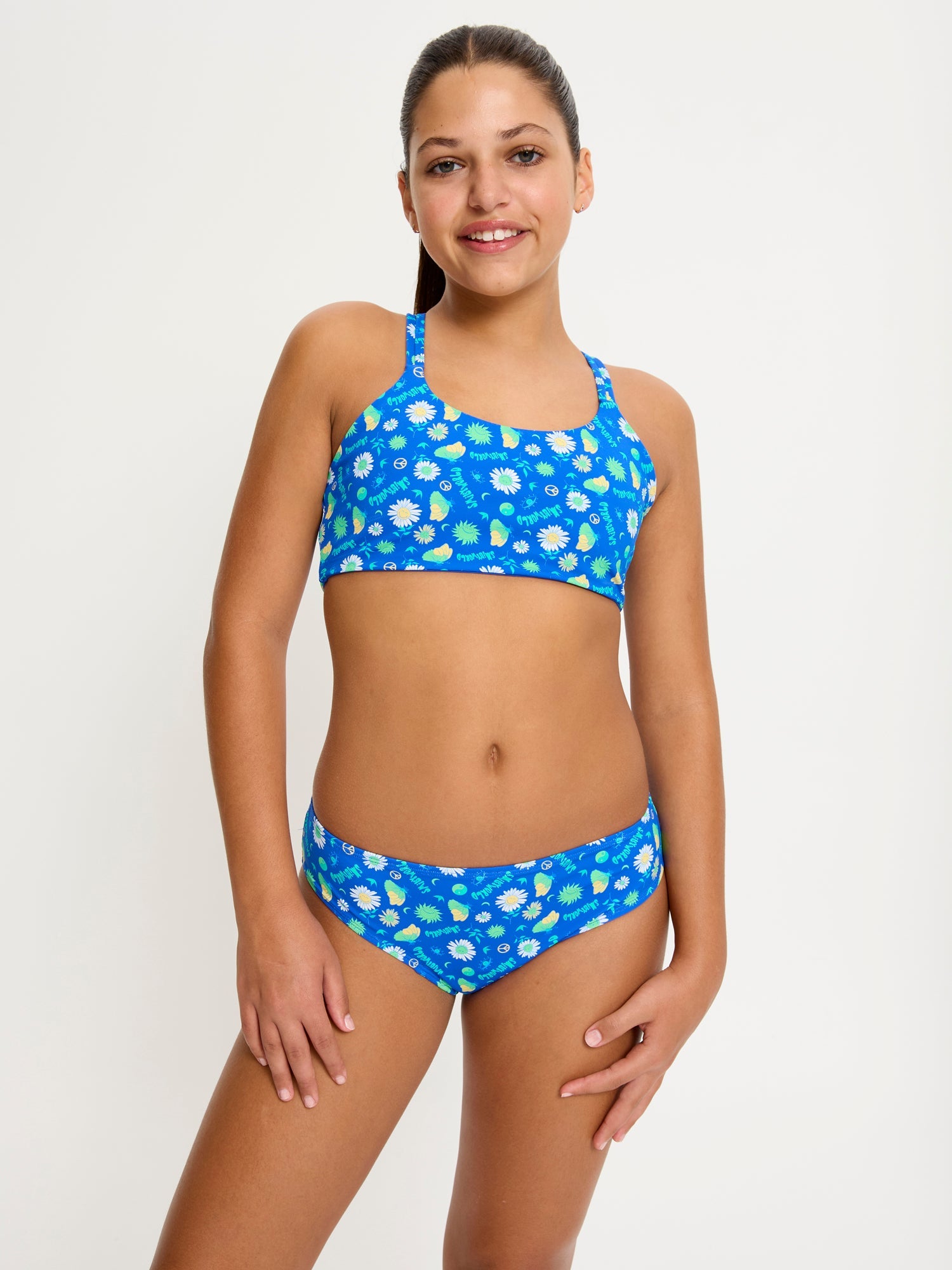 SmileyWorld® | Modibodi Teen Swimwear Reversible Crop Top Boho Botanical Blue