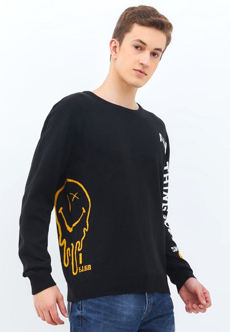 Sweatshirt Smiley Pria Material Rajut Warna Hitam - Valley
