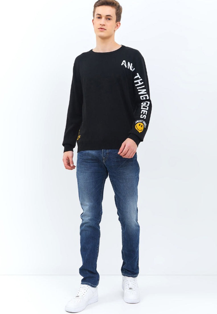 Sweatshirt Smiley Pria Material Rajut Warna Hitam - Valley