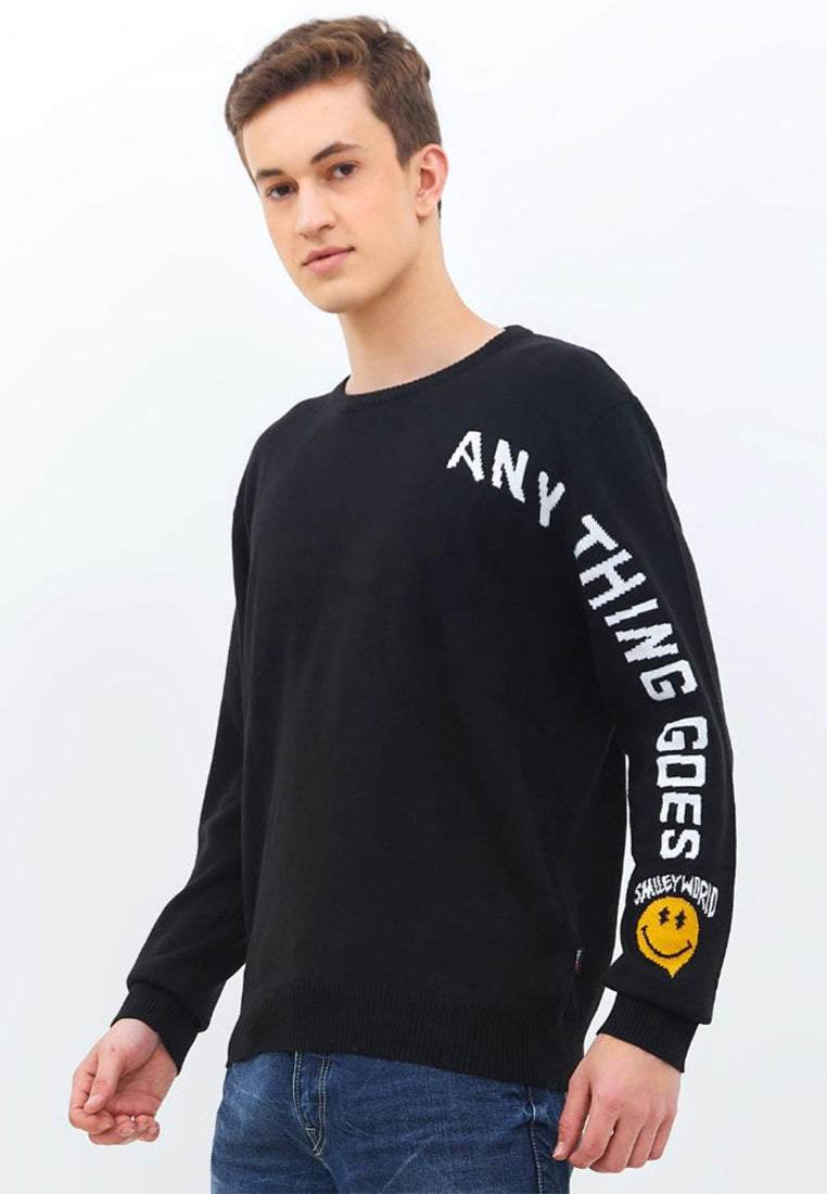 Sweatshirt Smiley Pria Material Rajut Warna Hitam - Valley