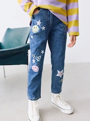 Mid Blue Mom Fit Floral Embroidered Straight Leg Jeans