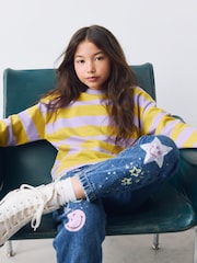 Mid Blue Mom Fit Floral Embroidered Straight Leg Jeans