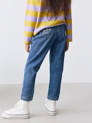 Mid Blue Mom Fit Floral Embroidered Straight Leg Jeans