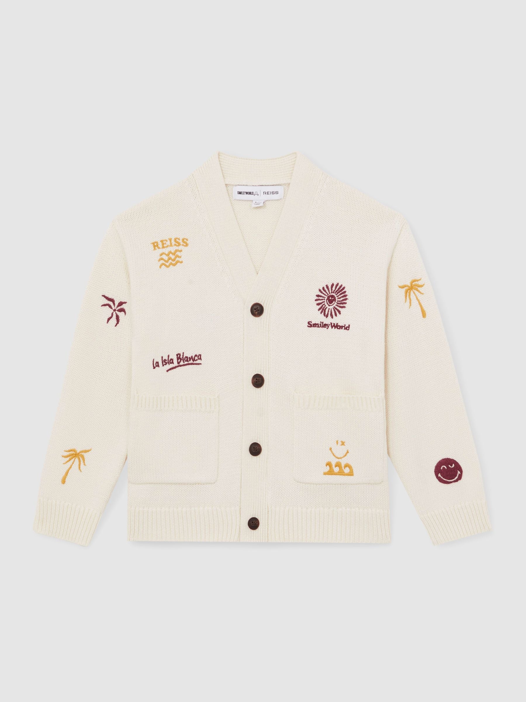 SmileyWorld | Reiss Embroidery Cardigan Unisex Fit in Off White