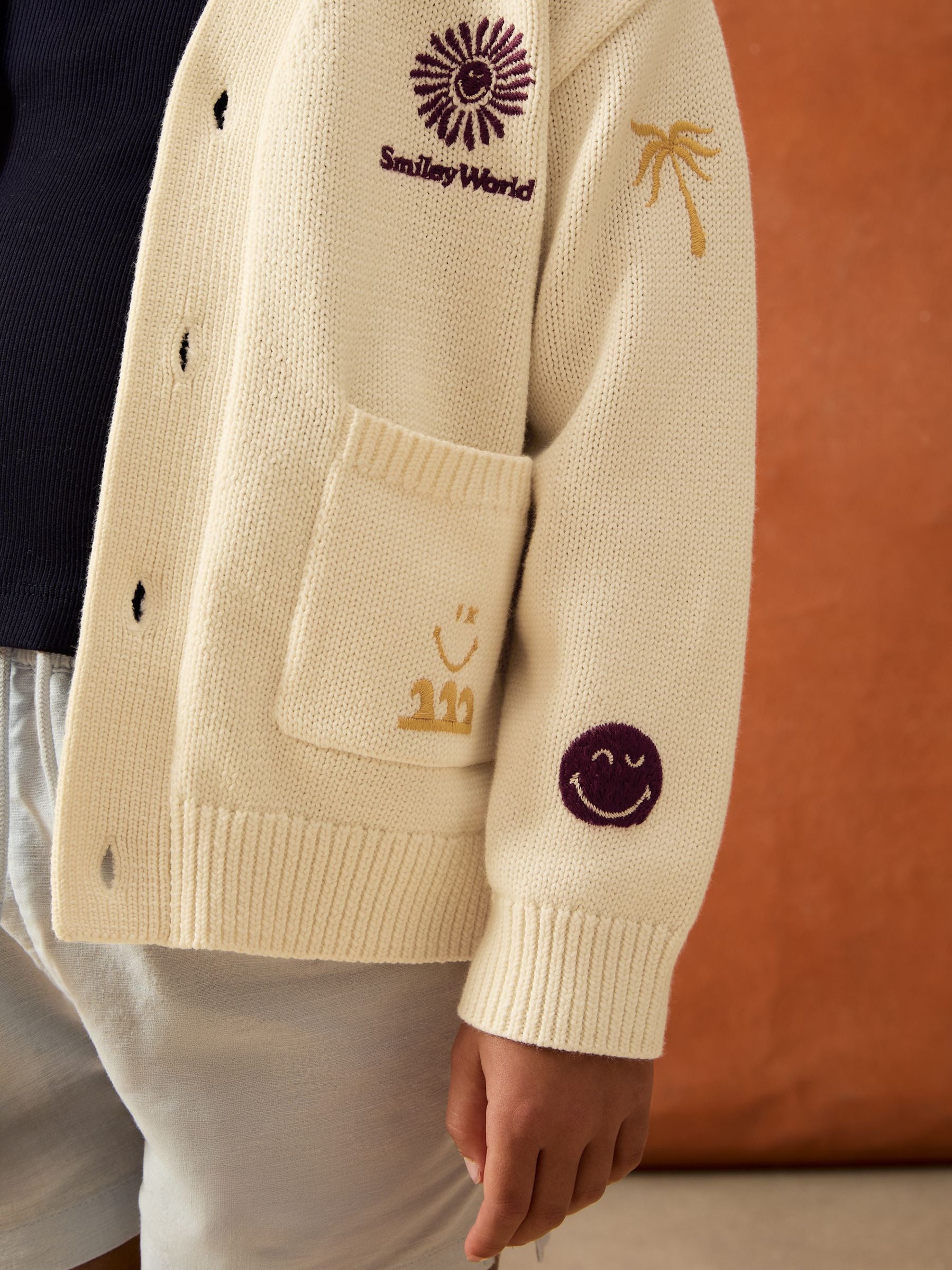 SmileyWorld | Reiss Embroidery Cardigan Unisex Fit in Off White
