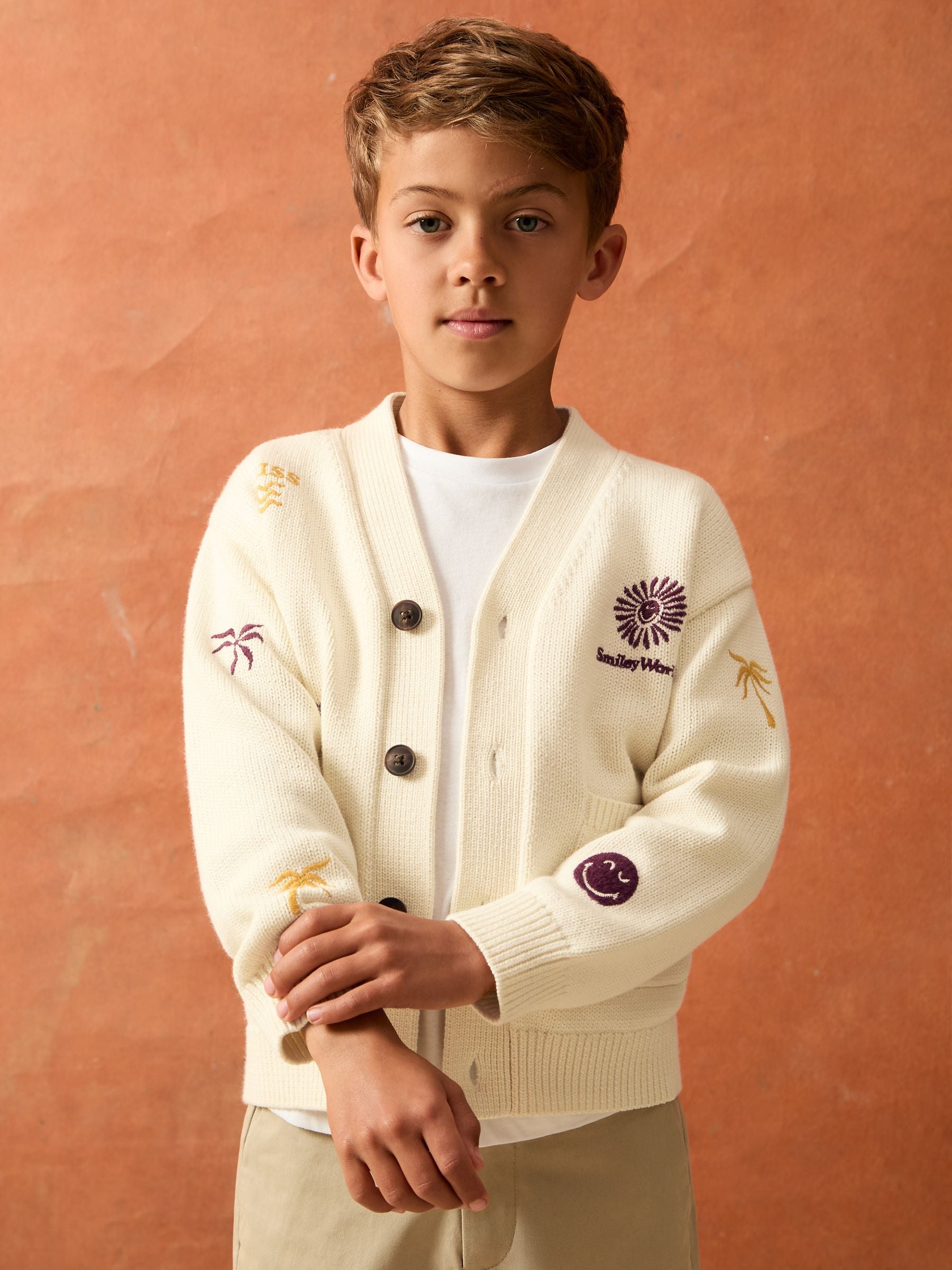 SmileyWorld | Reiss Embroidery Cardigan Unisex Fit in Off White