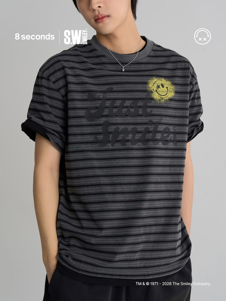 S.W.Smiley Striped Dyed Short Sleeve Tee - Ash