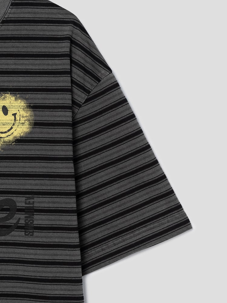 S.W.Smiley Striped Dyed Short Sleeve Tee - Ash