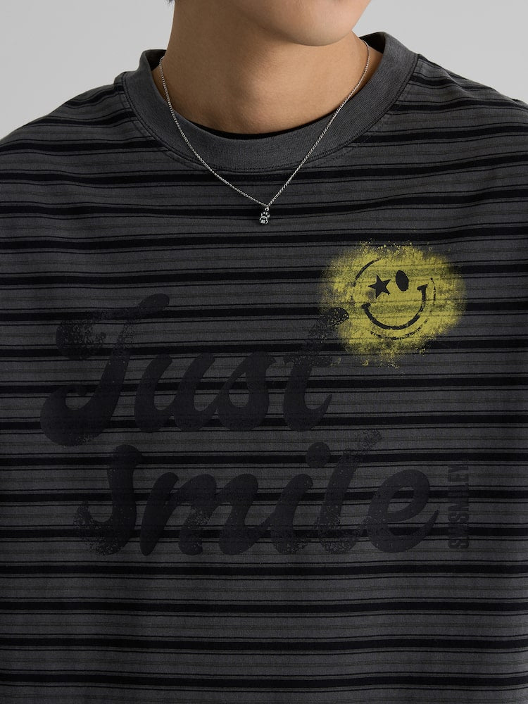 S.W.Smiley Striped Dyed Short Sleeve Tee - Ash