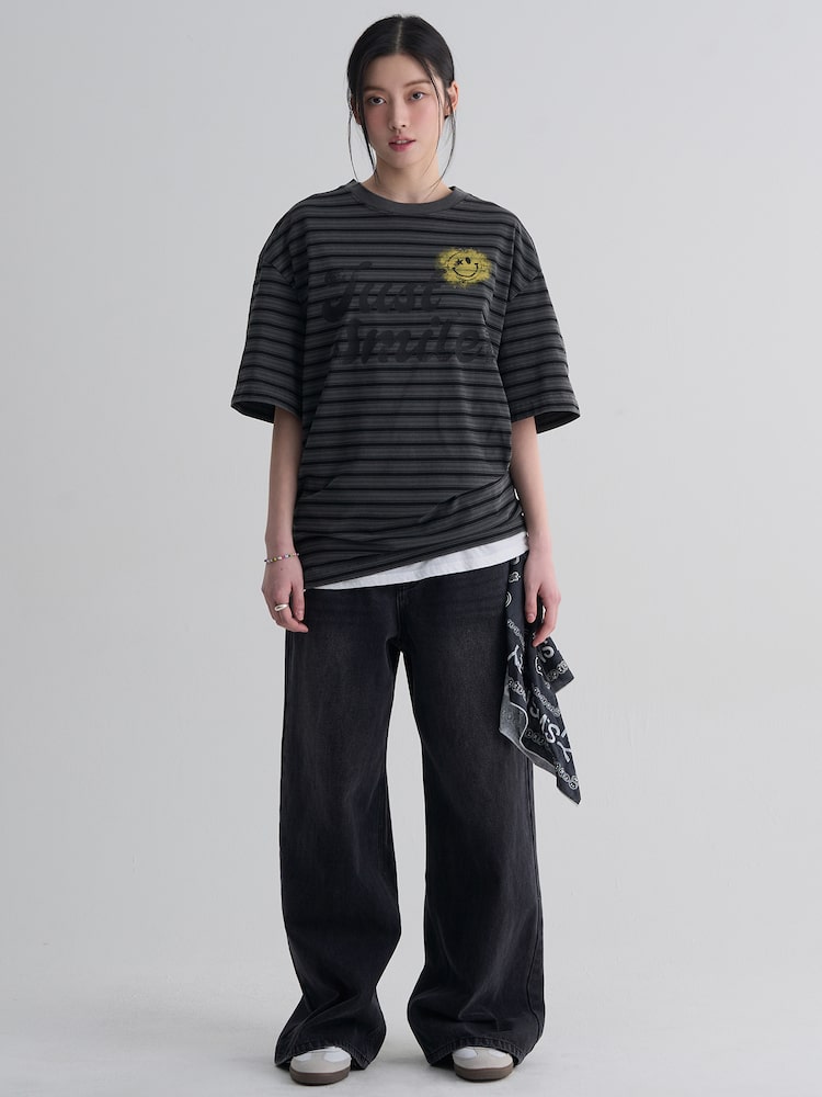 S.W.Smiley Striped Dyed Short Sleeve Tee - Ash